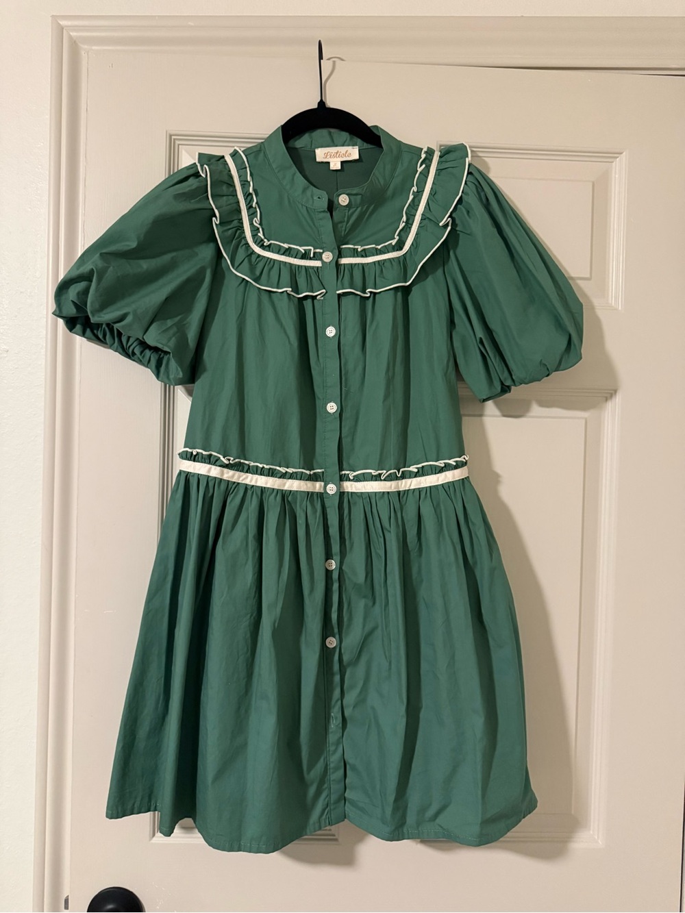 Worn once!! Listicle Emerald Green Puff Sleeve Ruffle Dress with White Trim